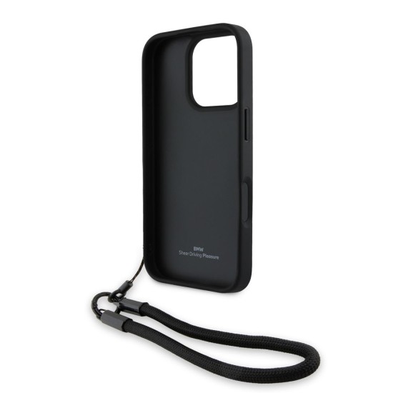 Husa BMW Piele Signature pentru iPhone 16 Pro, Neagră, cu Curea (Bakr, BMHCP16L23RMRLK) by www.silkase.ro