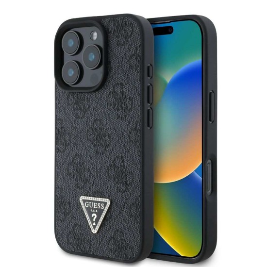 Husa Guess PU 4G Strass Triangle Metal Logo pentru iPhone 16 Pro Max, Neagra (Bakr, GUHCP16XP4TDPK) by www.silkase.ro