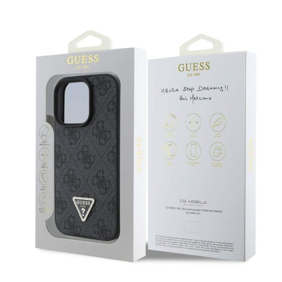 Husa Guess PU 4G Strass Triangle Metal Logo pentru iPhone 16 Pro Max, Neagra (Bakr, GUHCP16XP4TDPK) by www.silkase.ro