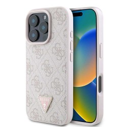 Husă Guess PU 4G Strass Triangle Metal Logo pentru iPhone 16 Pro Roz