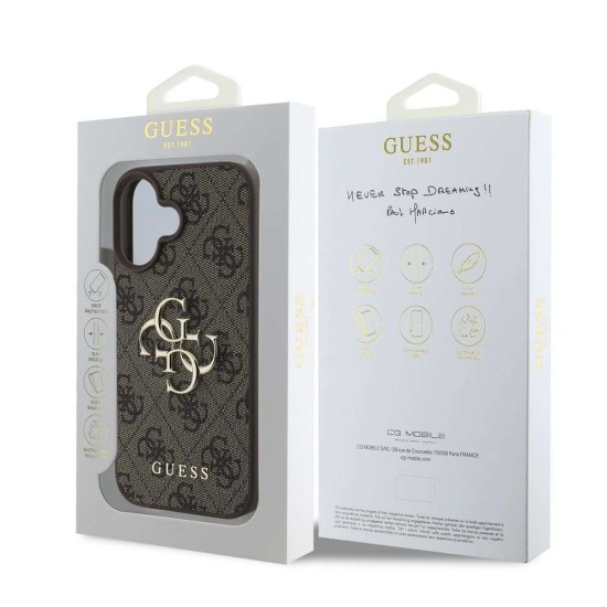 Husa Guess PU 4G Metal Logo pentru iPhone 16, Maro (Bakr, GUHCP16S4GMGBR) by www.silkase.ro