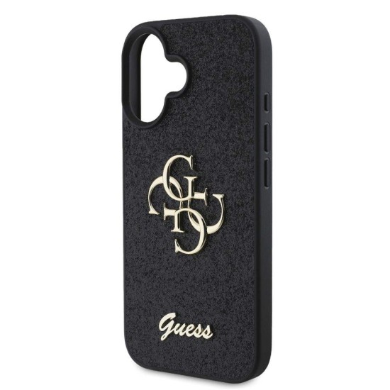 Husa Guess PU Fixed Glitter 4G Metal Logo pentru iPhone 16, Neagra (Bakr, GUHCP16SHG4SGK) by www.silkase.ro