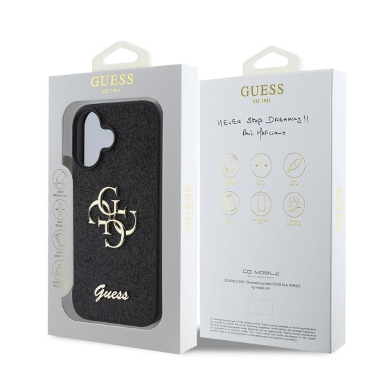 Husa Guess PU Fixed Glitter 4G Metal Logo pentru iPhone 16, Neagra (Bakr, GUHCP16SHG4SGK) by www.silkase.ro
