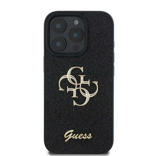 Husa Guess PU 4G Fixed Glitter Metal Logo pentru iPhone 16 Pro, Neagra (Bakr, GUHCP16LHG4SGK) by www.silkase.ro