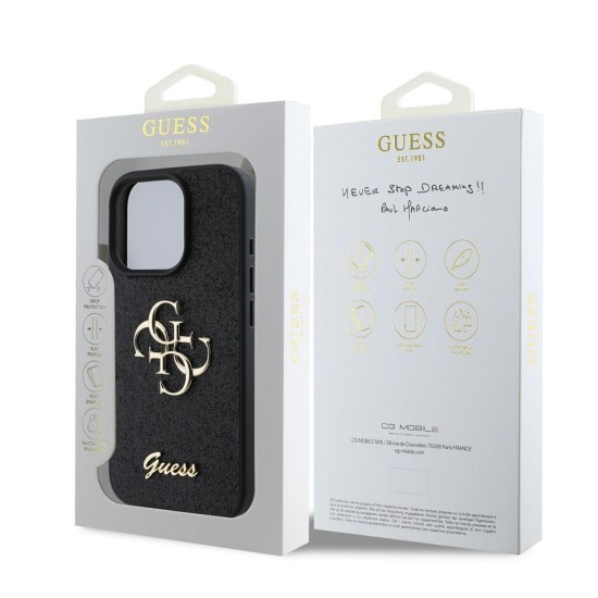 Husa Guess PU 4G Fixed Glitter Metal Logo pentru iPhone 16 Pro, Neagra (Bakr, GUHCP16LHG4SGK) by www.silkase.ro