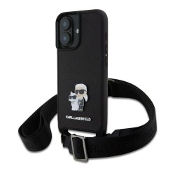 Husa Crossbody Karl Lagerfeld Saffiano Metal Karl and Choupette pentru iPhone 16, Neagra