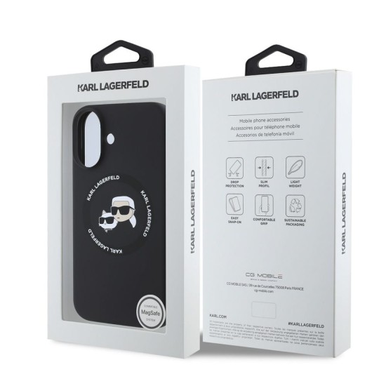 Husa Karl Lagerfeld Liquid Silicone K&CH Heads MagSafe pentru iPhone 16, Neagra (Bakr, KLHMP16SSKCHTCK) by www.silkase.ro