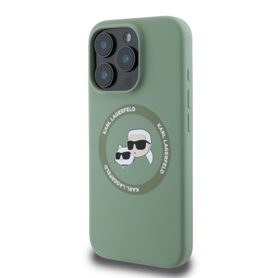 Husa Karl Lagerfeld Liquid Silicone K&CH Heads MagSafe pentru iPhone 16 Pro, Kaki (Bakr, KLHMP16LSKCHTCA) by www.silkase.ro
