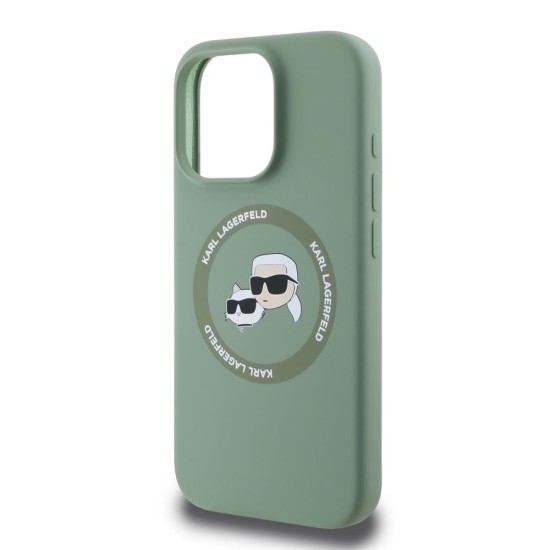 Husa Karl Lagerfeld Liquid Silicone K&CH Heads MagSafe pentru iPhone 16 Pro, Kaki (Bakr, KLHMP16LSKCHTCA) by www.silkase.ro