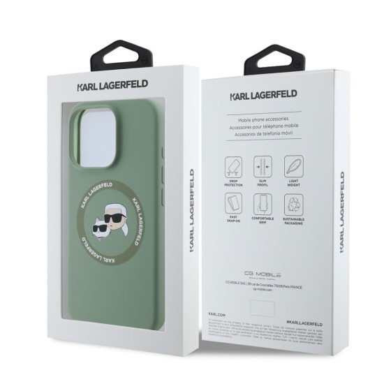 Husa Karl Lagerfeld Liquid Silicone K&CH Heads MagSafe pentru iPhone 16 Pro, Kaki (Bakr, KLHMP16LSKCHTCA) by www.silkase.ro