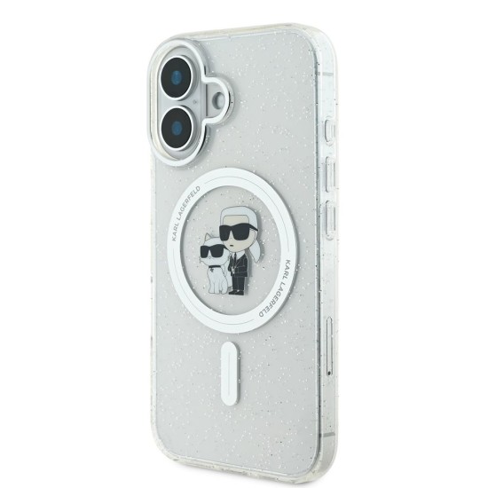 Husa Karl Lagerfeld IML Glitter Karl and Choupette MagSafe pentru iPhone 16, Transparenta (Bakr, KLHMP16SHGKCNOT) by www.silkase.ro