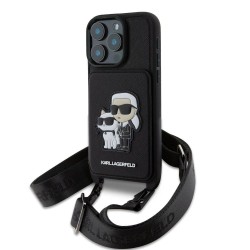 Husa Crossbody Karl Lagerfeld Saffiano Karl and Choupette pentru iPhone 16 Pro, Neagra