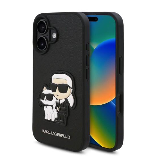 Husa Karl Lagerfeld PU Saffiano Karl and Choupette pentru iPhone 16, Neagra (Bakr, KLHCP16SSANKCPK) by www.silkase.ro