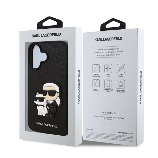 Husa Karl Lagerfeld PU Saffiano Karl and Choupette pentru iPhone 16, Neagra (Bakr, KLHCP16SSANKCPK) by www.silkase.ro