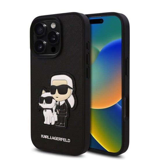 Husa Karl Lagerfeld PU Saffiano Karl and Choupette pentru iPhone 16 Pro, Neagra (Bakr, KLHCP16LSANKCPK) by www.silkase.ro