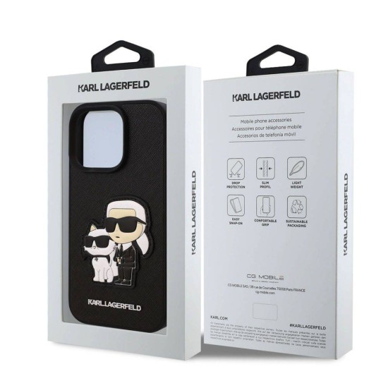 Husa Karl Lagerfeld PU Saffiano Karl and Choupette pentru iPhone 16 Pro, Neagra (Bakr, KLHCP16LSANKCPK) by www.silkase.ro