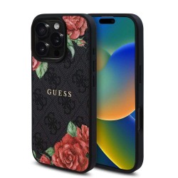 Husa Guess PU Leather 4G Roses MagSafe pentru iPhone 16 Pro, Neagra
