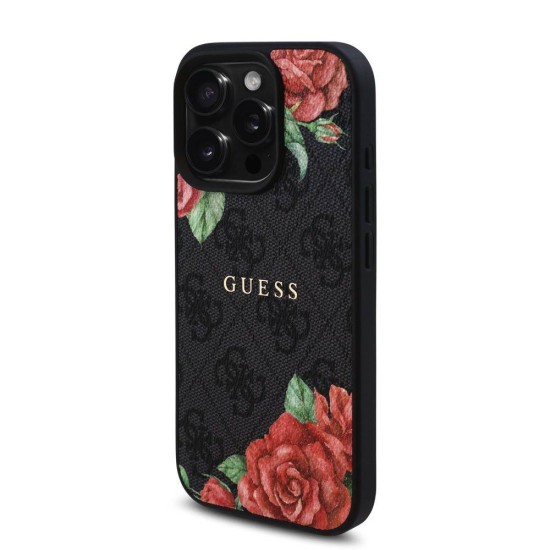 Husa Guess PU Leather 4G Roses MagSafe pentru iPhone 16 Pro, Neagra (Bakr, GUHMP16LP4ROPEMCK) by www.silkase.ro