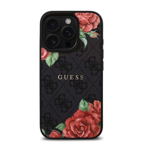 Husa Guess PU Leather 4G Roses MagSafe pentru iPhone 16 Pro, Neagra (Bakr, GUHMP16LP4ROPEMCK) by www.silkase.ro