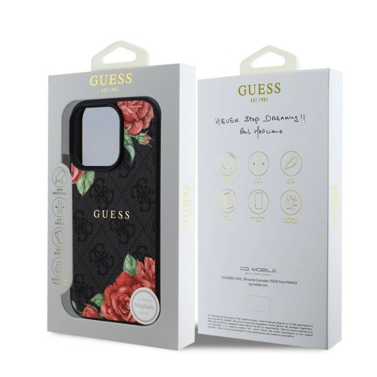 Husa Guess PU Leather 4G Roses MagSafe pentru iPhone 16 Pro, Neagra (Bakr, GUHMP16LP4ROPEMCK) by www.silkase.ro