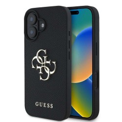 Husa Guess PU Grained 4G Metal Logo pentru iPhone 16, Neagra