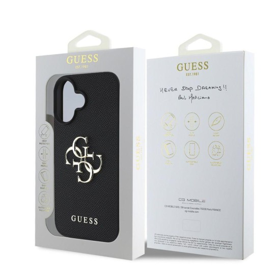 Husa Guess PU Grained 4G Metal Logo pentru iPhone 16, Neagra (Bakr, GUHCP16SPGT4MBK) by www.silkase.ro