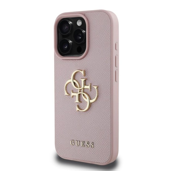 Husa Guess PU Grained 4G Metal Logo pentru iPhone 15 Pro, Roz (Bakr, GUHCP15LPGT4MBP) by www.silkase.ro