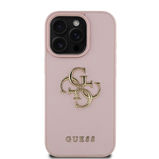 Husa Guess PU Grained 4G Metal Logo pentru iPhone 15 Pro, Roz (Bakr, GUHCP15LPGT4MBP) by www.silkase.ro