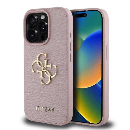 Husa Guess PU Grained 4G Metal Logo pentru iPhone 15 Pro Max, Roz (Bakr, GUHCP15XPGT4MBP) by www.silkase.ro