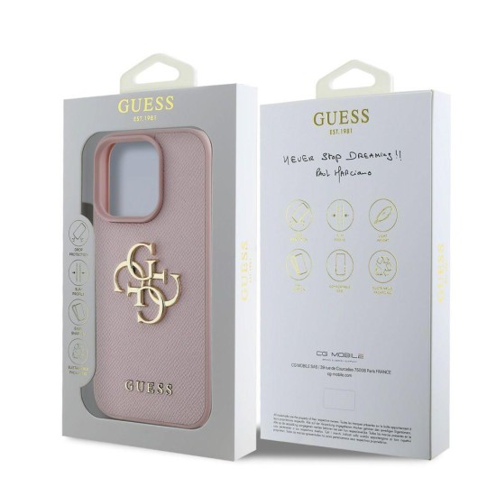Husa Guess PU Grained 4G Metal Logo pentru iPhone 15 Pro Max, Roz (Bakr, GUHCP15XPGT4MBP) by www.silkase.ro