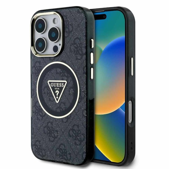 Husa Guess IML 4G Glitter Triangle Logo MagSafe pentru iPhone 16 Pro Max, Neagra (Bakr, GUHMP16XHG4PRTGK) by www.silkase.ro