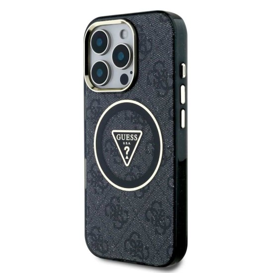 Husa Guess IML 4G Glitter Triangle Logo MagSafe pentru iPhone 16 Pro Max, Neagra (Bakr, GUHMP16XHG4PRTGK) by www.silkase.ro