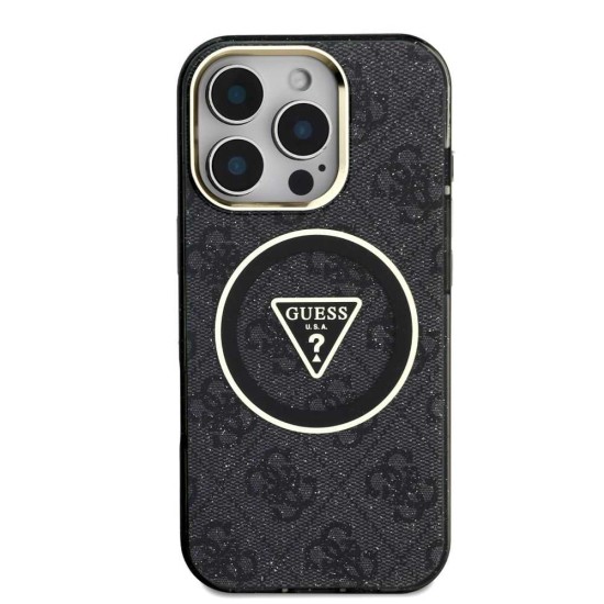 Husa Guess IML 4G Glitter Triangle Logo MagSafe pentru iPhone 16 Pro Max, Neagra (Bakr, GUHMP16XHG4PRTGK) by www.silkase.ro