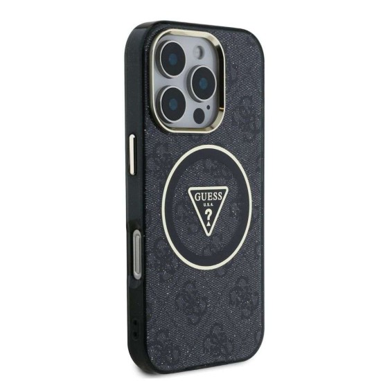 Husa Guess IML 4G Glitter Triangle Logo MagSafe pentru iPhone 16 Pro Max, Neagra (Bakr, GUHMP16XHG4PRTGK) by www.silkase.ro