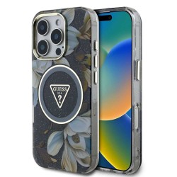 Husa Guess IML Glitter Magnolia Triangle Logo MagSafe pentru iPhone 16 Pro Max, Neagra