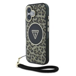 Husa Guess IML Leopard Triangle Logo Strap MagSafe pentru iPhone 16, Maro