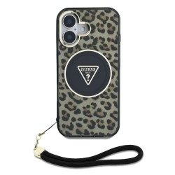 Husa Guess IML Leopard Triangle Logo Strap MagSafe pentru iPhone 16, Maro