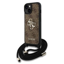Husa Crossbody Guess PU 4G Metal Logo Strap pentru iPhone 15, Maro
