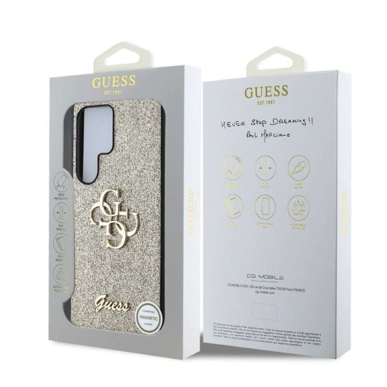 Husa Guess PU Fixed Glitter 4G Metal Logo pentru Samsung Galaxy S25 Ultra, Aurie (Bakr, GUHCS25LHG4SGD) by www.silkase.ro