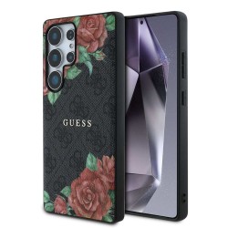 Husa Guess PU Leather 4G Flowers Print Metal Logo MagSafe pentru Samsung Galaxy S25 Ultra, Neagra