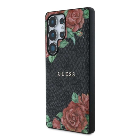 Husa Guess PU Leather 4G Flowers Print Metal Logo MagSafe pentru Samsung Galaxy S25 Ultra, Neagra (Bakr, GUHMS25LP4ROPEMCK) by www.silkase.ro