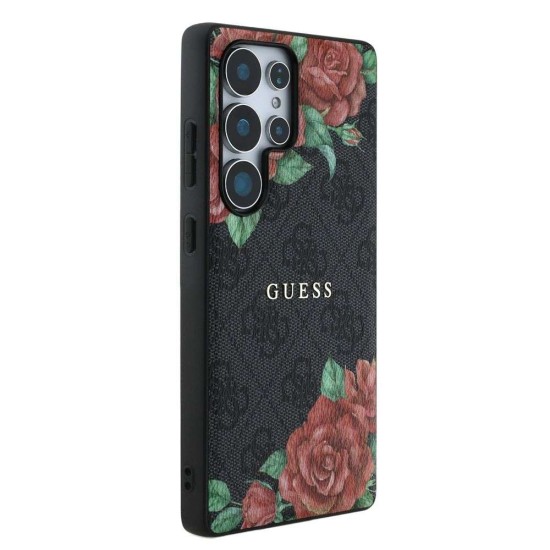 Husa Guess PU Leather 4G Flowers Print Metal Logo MagSafe pentru Samsung Galaxy S25 Ultra, Neagra (Bakr, GUHMS25LP4ROPEMCK) by www.silkase.ro