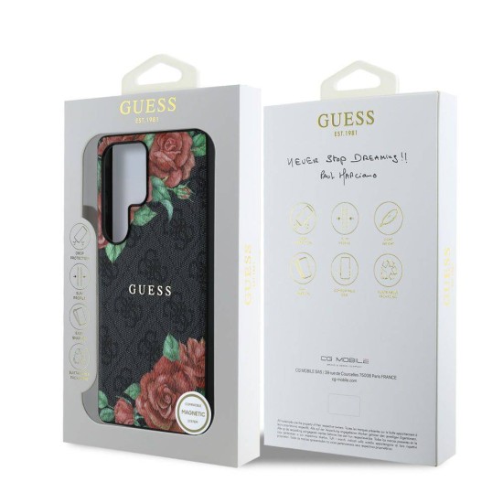 Husa Guess PU Leather 4G Flowers Print Metal Logo MagSafe pentru Samsung Galaxy S25 Ultra, Neagra (Bakr, GUHMS25LP4ROPEMCK) by www.silkase.ro
