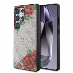 Husa Guess PU Leather 4G Flowers Print Metal Logo MagSafe pentru Samsung Galaxy S25 Ultra, Roz