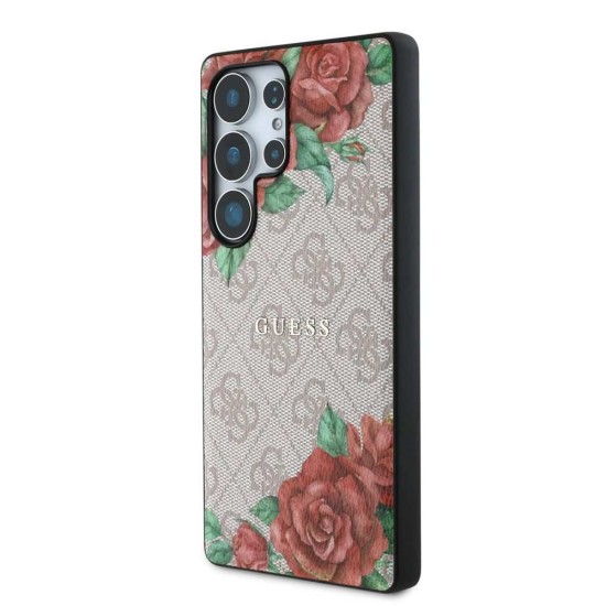 Husa Guess PU Leather 4G Flowers Print Metal Logo MagSafe pentru Samsung Galaxy S25 Ultra, Roz (Bakr, GUHMS25LP4ROPEMCP) by www.silkase.ro