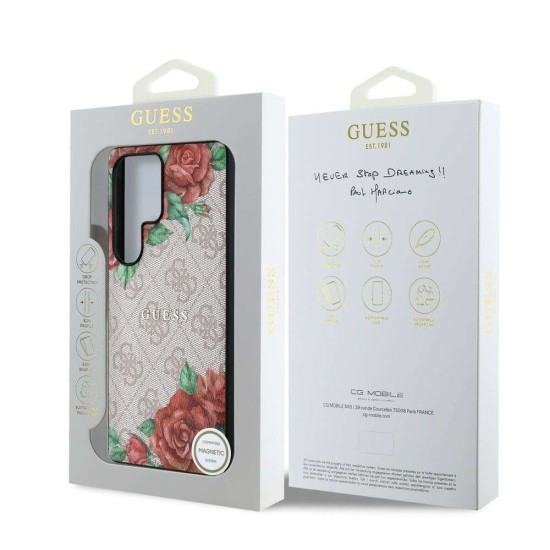 Husa Guess PU Leather 4G Flowers Print Metal Logo MagSafe pentru Samsung Galaxy S25 Ultra, Roz (Bakr, GUHMS25LP4ROPEMCP) by www.silkase.ro