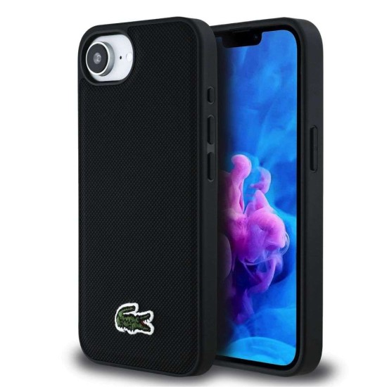 Husa Lacoste Iconic Petit Pique Woven Logo MagSafe pentru iPhone 16e, Neagra (Bakr, LCHMPSE4PVCK) by www.silkase.ro