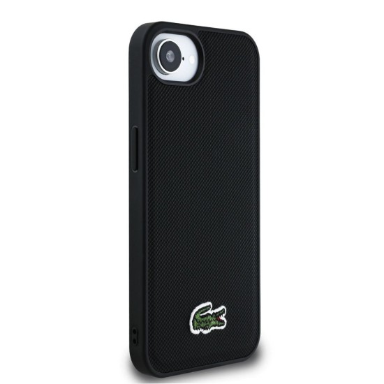 Husa Lacoste Iconic Petit Pique Woven Logo MagSafe pentru iPhone 16e, Neagra (Bakr, LCHMPSE4PVCK) by www.silkase.ro