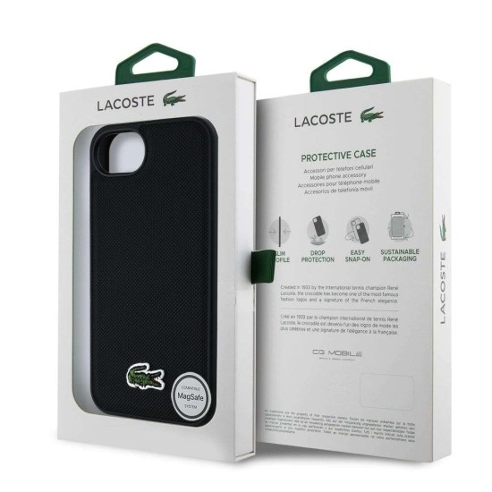 Husa Lacoste Iconic Petit Pique Woven Logo MagSafe pentru iPhone 16e, Neagra (Bakr, LCHMPSE4PVCK) by www.silkase.ro