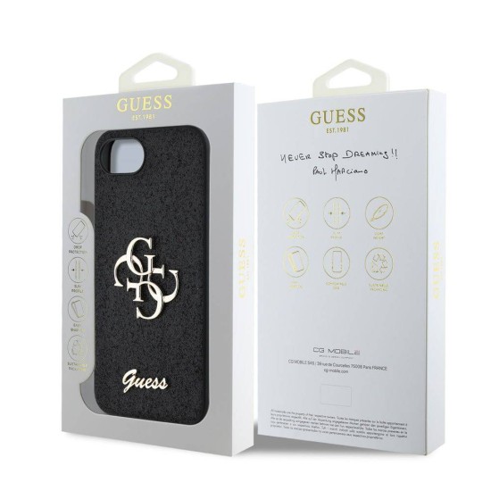 Husa Guess PU Fixed Glitter 4G Metal Logo pentru iPhone 16e, Neagra (Bakr, GUHCPSE4HG4SGK) by www.silkase.ro